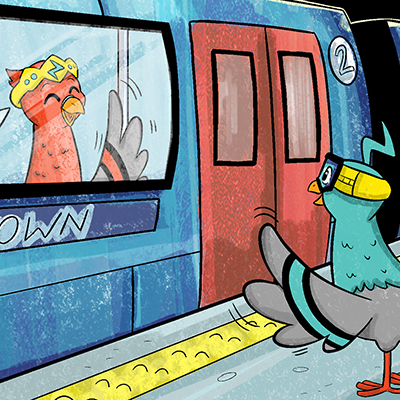 Illustration of pigeon with turquoise and yellow glasses on the subway track waving to a pigeon with red and yellow crown on the subway. 