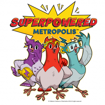 cartoon pigeons with the words superpowered metropolis behind them