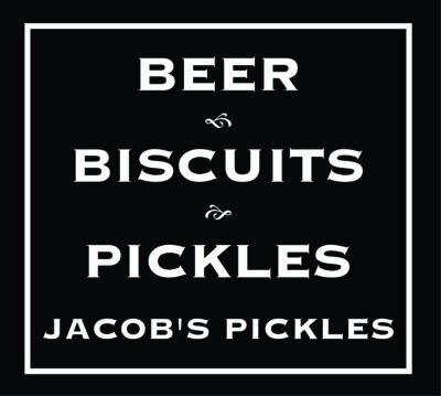Black and white logo for Jacob's Pickles. Includes words of Beer, Biscuits, Pickles.