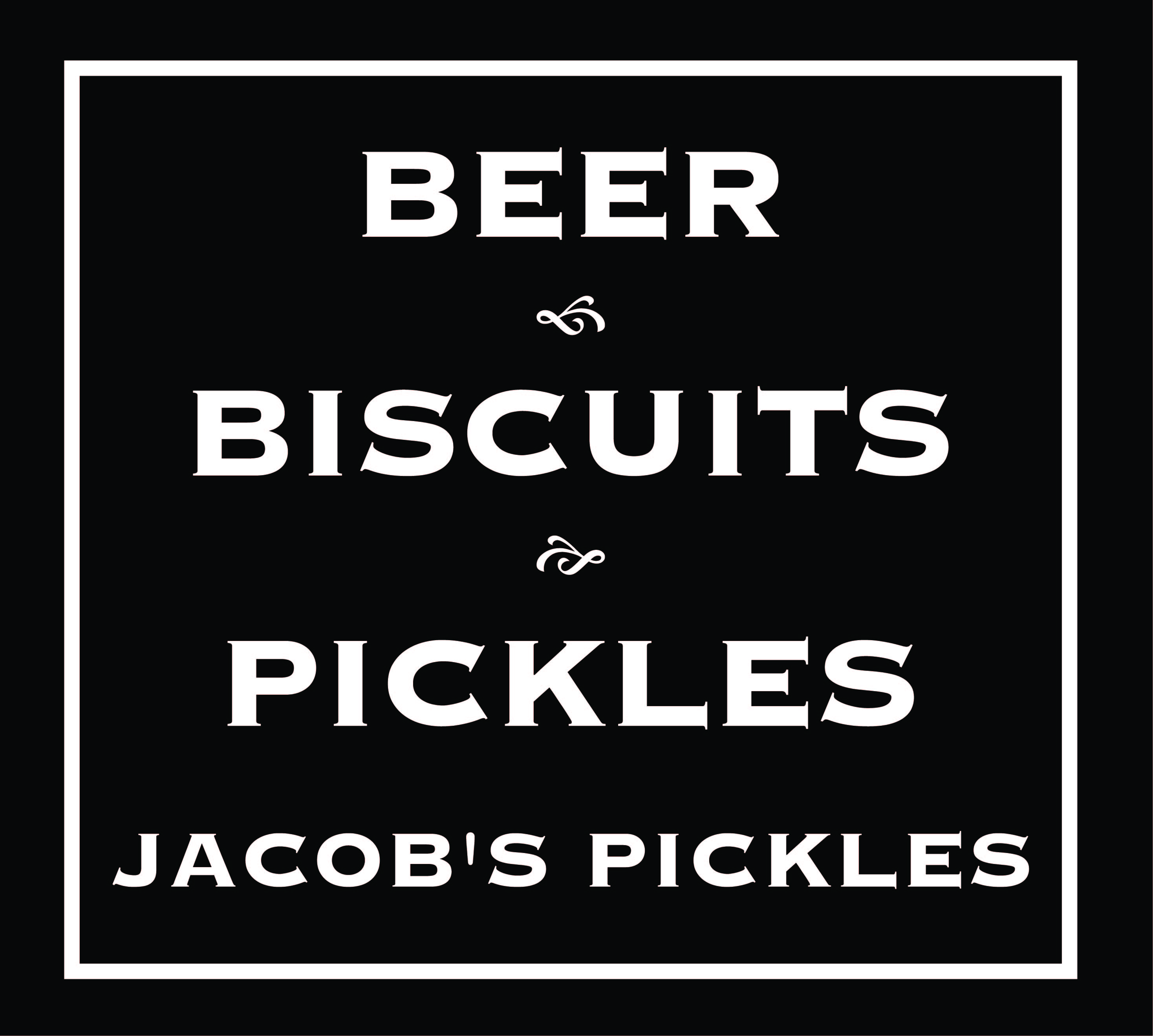 Black and white logo for Jacob's Pickles. Includes words of Beer, Biscuits, Pickles.