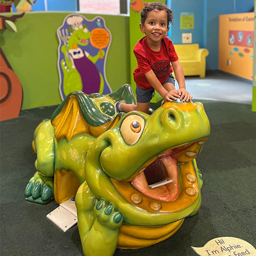 boy sitting on a green dragon