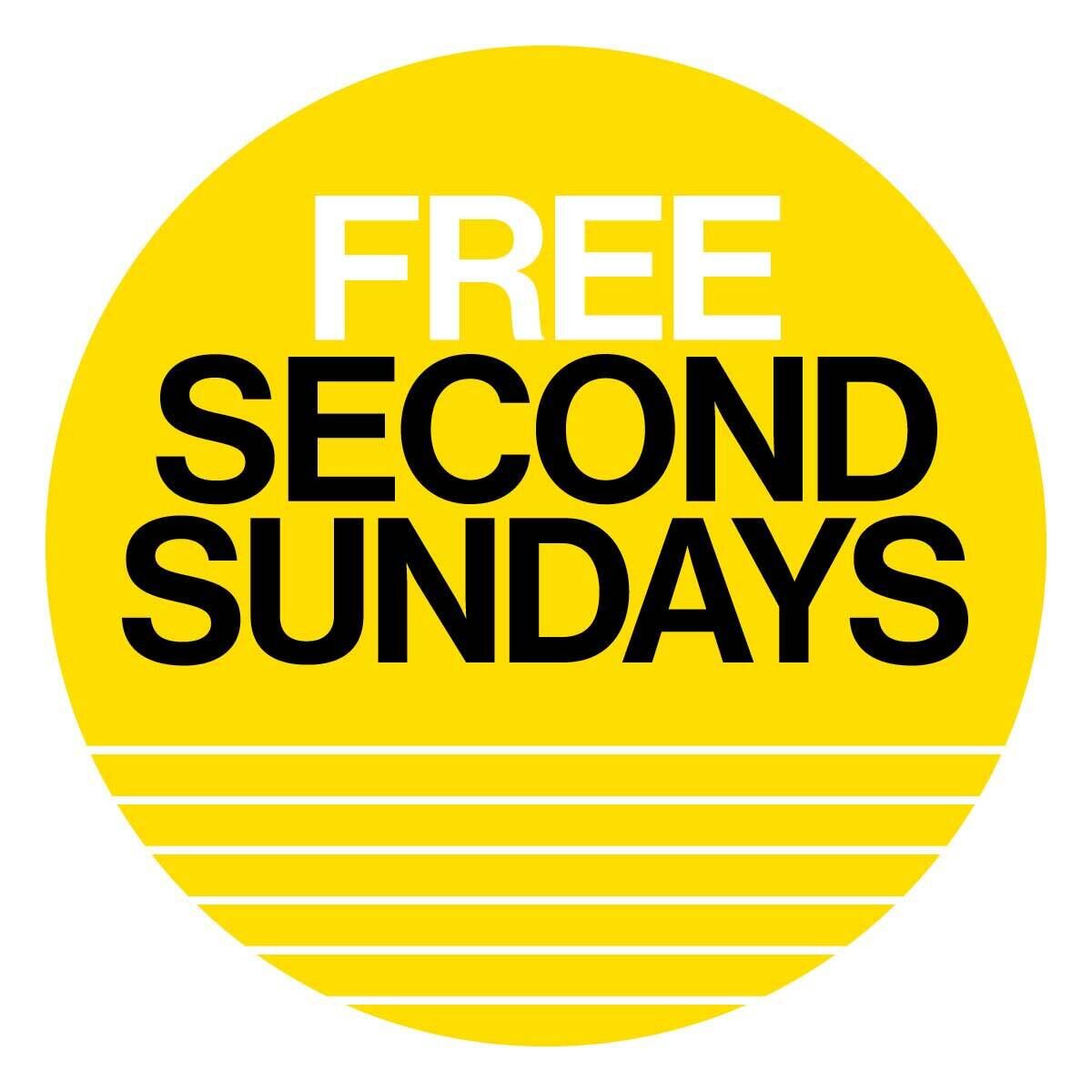 Graphic logo for Free Second Sundays from the Whitney. Yellow circle with white and black font.