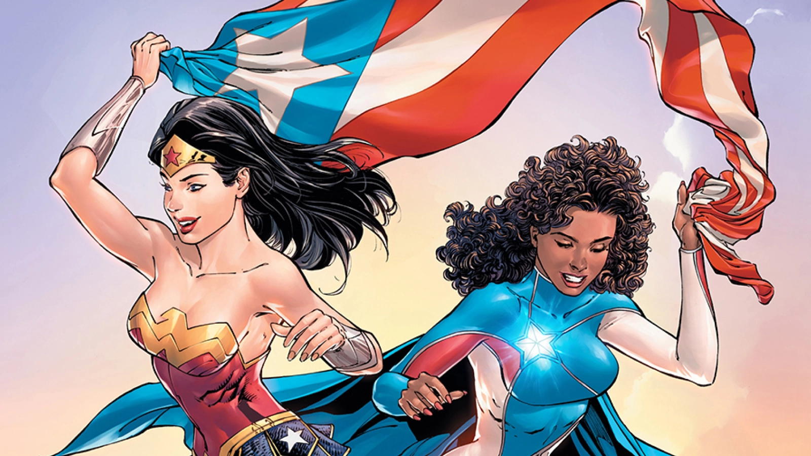 An illustration of Wonder Woman with La Borinquena. Both superheroes hold a Puerto Rican flag together.